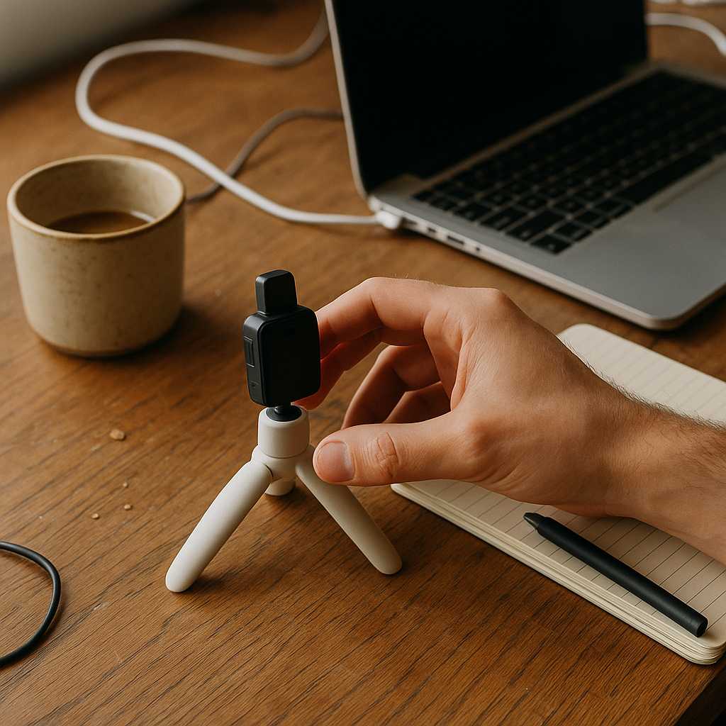 LavStand tabletop tripod on a desk next to a MacBook